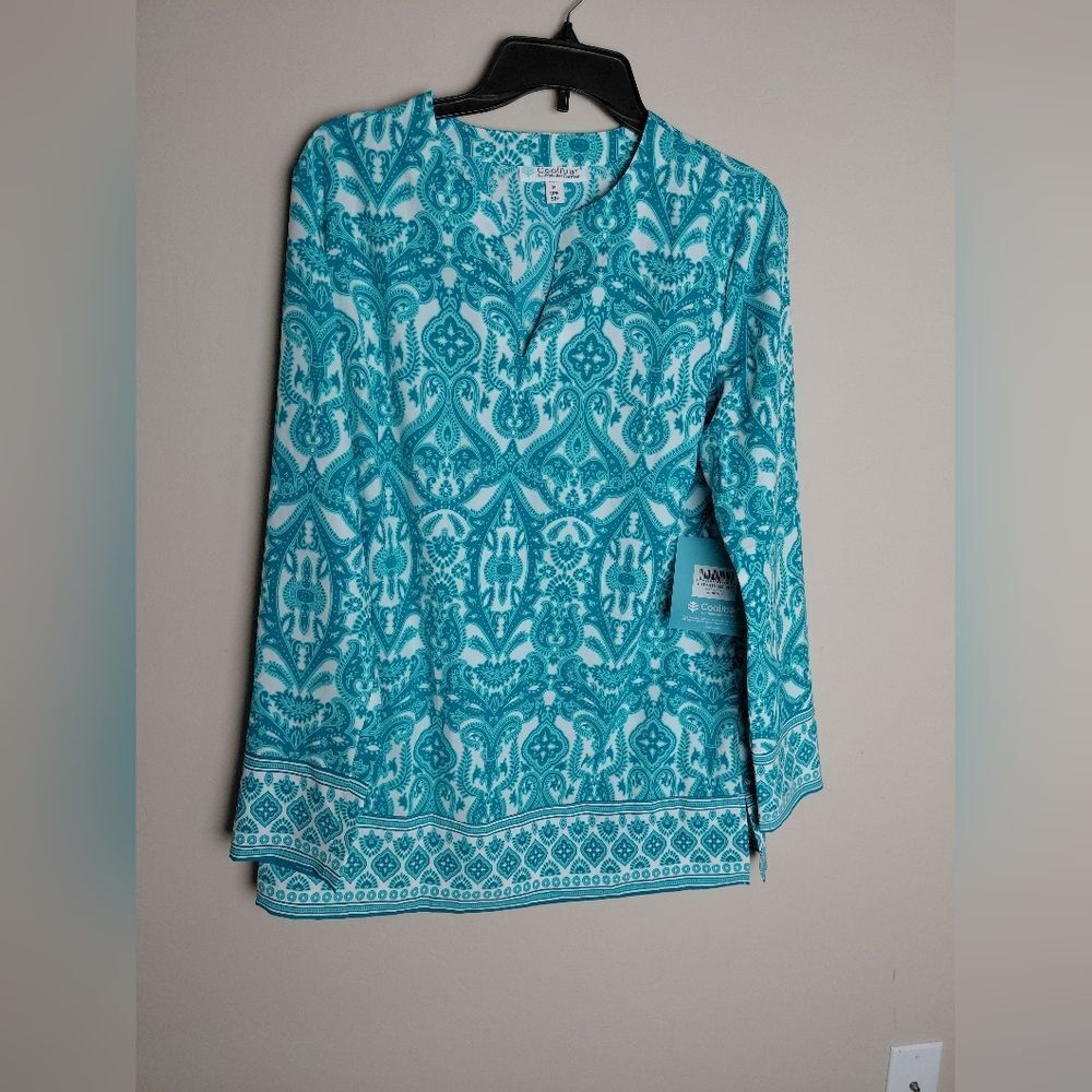 Coolibar Turquoise & White Printed Long Sleeve Tunic